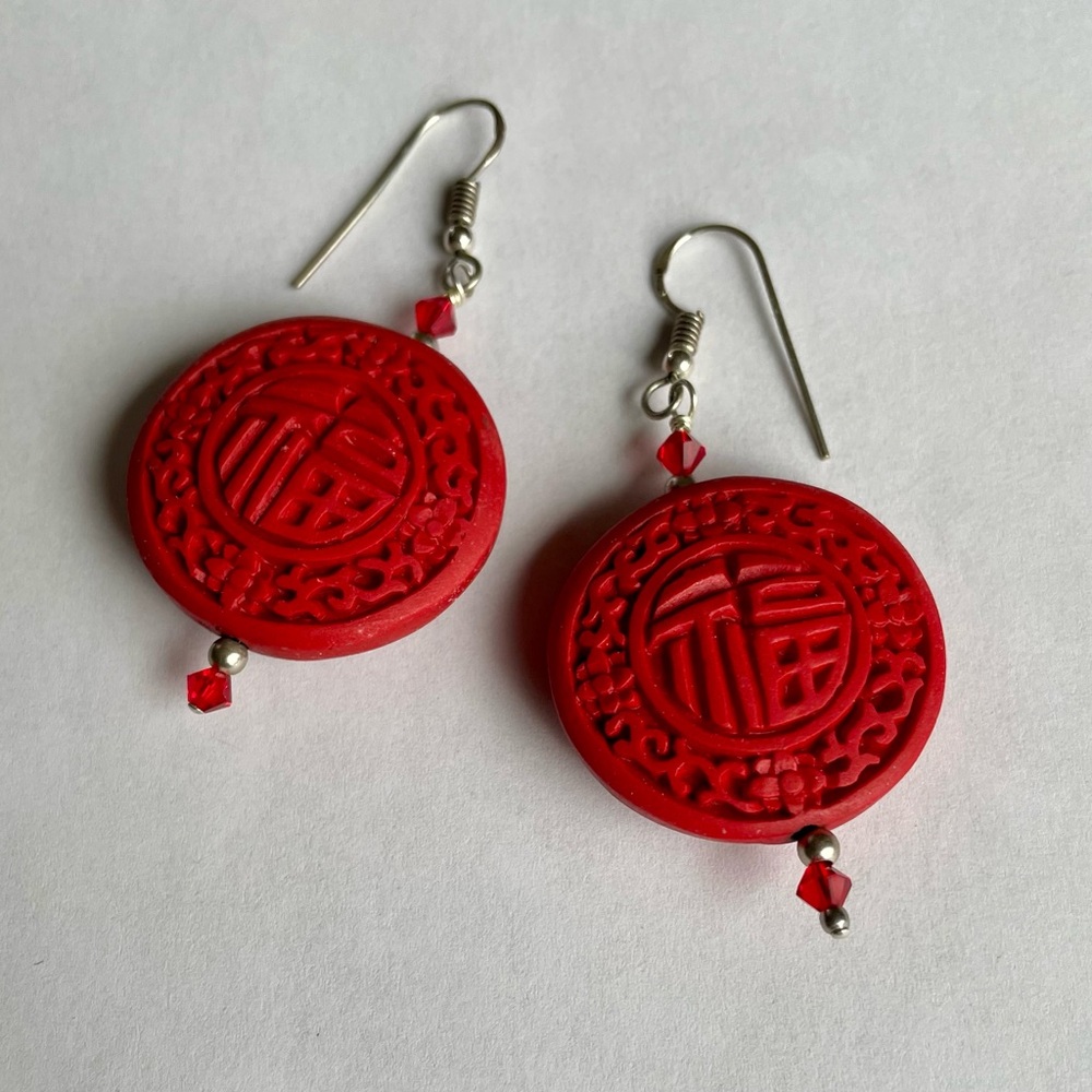 NWOT Unique Carved Coral, Swarovski Crystal, & Sterling Silver Earrings